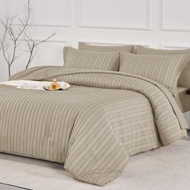 JELLYMONI King Comforter Set - Khaki Striped Tufted Bedding Sets, 7 Pieces Bed in a Bag with Fluffly Comforter, Sheets, Pillowcases & Shams