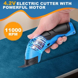 Gugxiom Electric Scissors,Carpet Cutter with 2 Replaceable Blades,Cordless Electric Scissors for Cutting Fabric/Leather/Carpet/Cardboard (1 Tungsten Steel Tip &2 Alloy Tips & Blue)