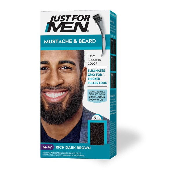 Just For Men Mustache & Beard, Beard Coloring for Gray Hair with Brush Included for Easy Application, With Biotin Aloe and Coconut Oil for Healthy Facial Hair - Rich Dark Brown, M-47