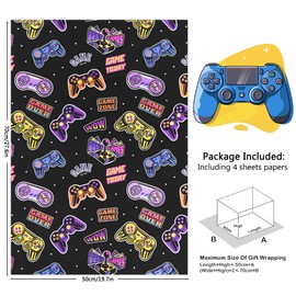 Gaming Birthday Wrapping Paper for Kids Boys Girls Men, 4 Sheets Video Game Controllers Gift Wrap, Game Wrapping Paper Folded Flat 20x28inches per Sheet for 90s Neon Lights Party, Birthday Game Party