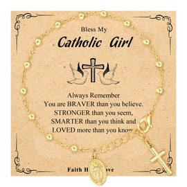 Avotto Catholic Gifts for Women Girls, 925 Sterling Silver Charm Bracelet for Women Girls Virgin Mary Rosary Beads Gold Cross Charm Bracelet Cathoic Religious Gifts for Women Girls