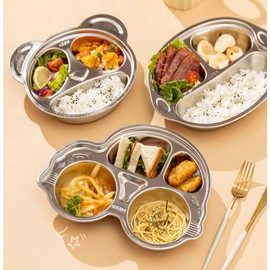 ShanSon 2 Pack Stainless Steel Divided Plate 304 Stainless Divided Platter 3 Section Unbreakable Dinner Plates,Cute Monkey Shape Divided Plates for Picky Eaters, Lunch, Camping,304 Big Mouth Monkey
