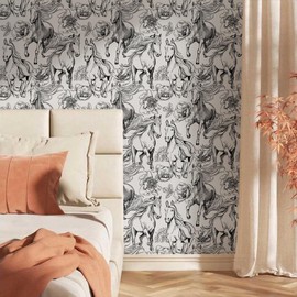 VistaPalette Black and White Peony Floral Horse Modern Peel and Stick Wallpaper Wall Decor Self Adhesive Wall Paper Stick on Easy Peel Off Contact Paper for Renter Bedroom Apartment