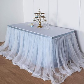 14FT Extra Long 48" Two Layered Tulle & Satin Table Skirt - Dusty Blue | White