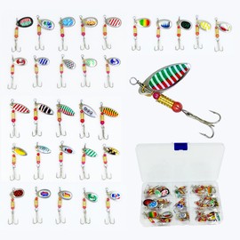 Spinnerbait Set of 30 for Mountain Streams, 0.1 - 0.1 oz (3 - 3.5 g), Colorful Spoon Shaped with Storage Case, For Freshwater and Saltwater