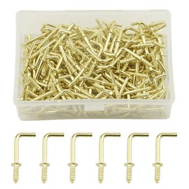 TOVOT 100PCS Gold Color Copper Plated Right-Angle Hooks, 1" Length Self-Tapping Screw L Shape Screw-in Square Bend Hooks