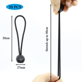 YUNSHANGHE Pack of 50 Bungees with Ball, Tarpaulin Tensioner with Ball, 20 cm, Rubber Straps with Ball, Rubber Loops, Tent Rubbers Expander Loops for Tarpaulins, Posters, Tent Banner Gazebos, Black