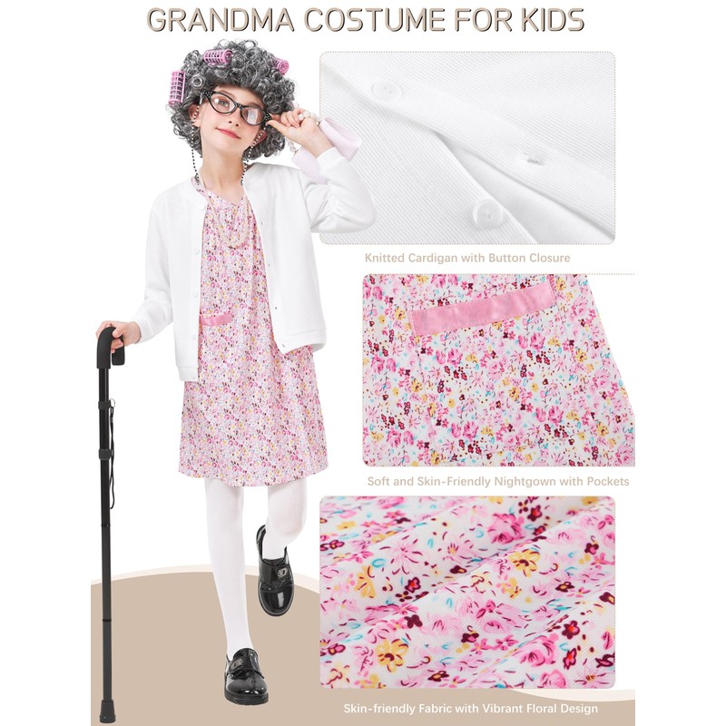 FancyFun FancyFun 8 Pcs Old Lady Costume for Kids, Girls