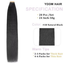 YDDM Black Women Tape Extensions Real Hair Black Yaki Straight Tape-In Hair Extensions Real Hair Tapes Invisible Extensions Real Hair Tape Extensions Real Hair 24 Inches 20 Pieces 50 g