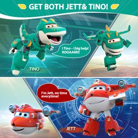 Super Wings 5 Inch Transforming Characters 2-Pack Transforming Supercharged Jett + Tino, Transformer Toy for 3+ Years Old Boys Girls