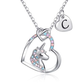 Hidepoo Unicorn Necklaces for Girls Women, S925 Sterling Silver Letter C Pendant Heart Necklace Unicorns Gifts for Girls Jewelry Initial Unicorn Jewelry Necklace Unicorn Gifts for Little Girls