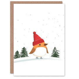 Wee Blue Coo Greeting Card Robin Bird Wearing Winter Hat Snowy Landscape Blank For Him Or Her Art Xmas Christmas Card