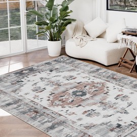 Joydeco 5x7 Area Rugs for Living Room, Machine Washable Vintage Area Rugs, Low Pile Non Slip Carpet, Lightweight Chenille Print Rug for Bedroom, Dining Room, Home Office, Grey White Red