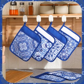 Hushee 6 Pcs White and Blue Pot Holders for Kitchen Chinoiserie Pot Holder Farmhouse Boho Potholders Spring Hot Pads for Kitchen Resistant Oven Mitts Baking Cooking Pocket Potholders for Women Gifts