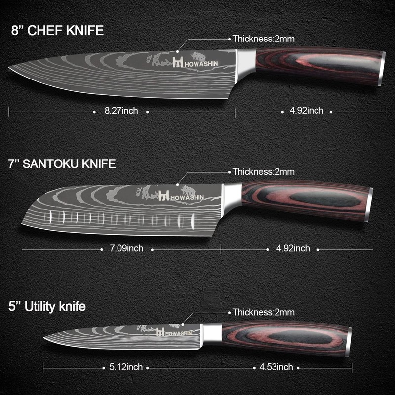 Howashin 3Pcs Knife Set Professional Kitchen Knife Set Stainless Steel