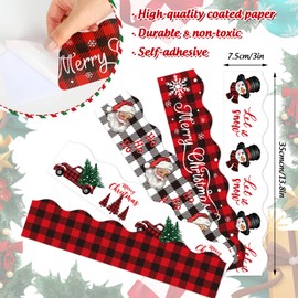 Whaline 69Ft Christmas Bulletin Board Borders Buffalo Plaid Xmas Tree Truck Santa Snowman Decoration Borders Winter Trim Border Bulletin Board Stickers for School Classroom Office Party Decoration