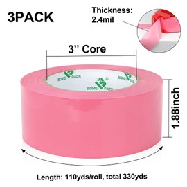 BOMEI PACK Pink Packing Tape with Dispenser, 2.4 Mil 1.88 Inch x 110 Yards, 3 Refills Rolls Color Box Tape for Moving, Shipping and Packaging
