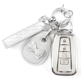 Rayslesan Key Fob Cover with Leather Holder Compatible with Airtag/RFID,Compatible with Toyota Highlander RAV4 Camry Avalon Corolla C-HR Prius,RFID Protector,Car Key Accessories(4-Button, Silver)