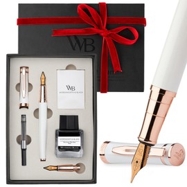 Wordsworth & Black Fountain Pen Set,18K Gilded Medium & Extra Fine Nib,25ML Black Ink Bottle,6 Ink Cartridges,Refill Converter,Gift Box,Smooth Writing Pen [White Rose Gold],Gift Set for Men and Women