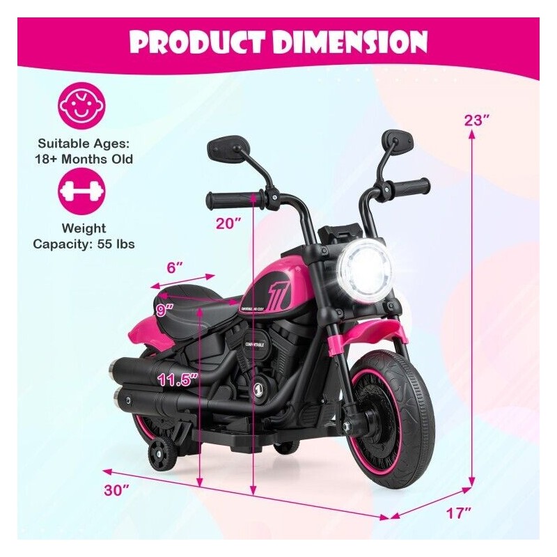 Costway Children Electric Motorcycle Ride on Motorbike w/Training Wheels &