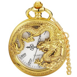 Alwesam Gold Dragon Design Quartz Pocket Watch Roman Numerals with Chain Birthdays Gifts for Father's Days