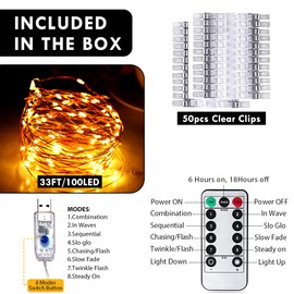 Photo Clip String Lights with Remote, 33FT 100 LED Fairy Lights Picture Clips, 8 Modes USB Powered String Light with 50 Clear Clips for Dorm, Bedroom, Christmas, Party, Wedding Decor (Warm White)