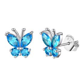 FindChic Butterfly Earrings Studs for Women Cute 925 Sterlig Silver December Birthstone Bling Fake Blue Topaz Hypoallergenic Small Earrings Gift for Girlfriend