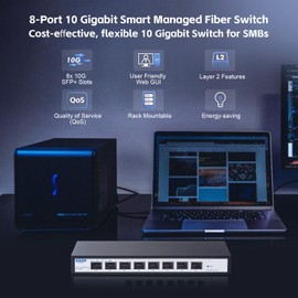 8 Port 10Gbps SFP+ Managed Switch, Support 1G/2.5G/10G SFP Module, 160Gbps Bandwidth, Desktop|Wallmount Metal Fanless, YuLinca Managed Fiber Switch