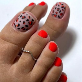 Red Press on Toenails Short Square False Toenails with Black Red Leopard Design Spring Stick on Toenails Glossy Summer Glue on Toenails Full Cover Red Fake Toe Nails for Women Girls Manicure 24Pcs