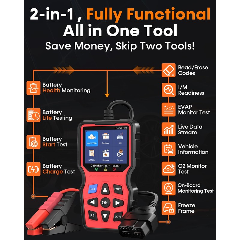 Easy to Use 2-in-1 OBD2 Scanner with Battery Tester: 1S