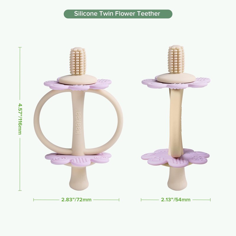 haakaa Silicone Twin Flower Teether,Nipple-Shaped End for Gum Massage,360° Baby