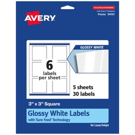 Avery Square Labels with Sure Feed, 3" x 3", 30 Glossy White Labels (36480)