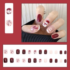 Aucenix Cute Christmas Press On Nails Short Gel Nail Kit, Polish-Free Color Manicure Fake Nails Full Cover with Prep Pad, Mini Nail File, Cuticle Stick, adhesive tabs for Party (Christmas -D)