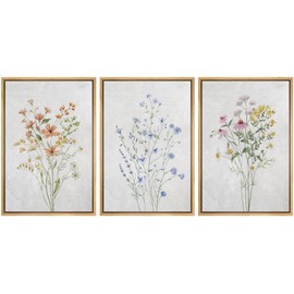 MUDECOR Framed Canvas Print Wall Art Botanical Elegance Trio of Floral Watercolor Prints Minimalist Modern Art Boho Relax Cozy Decor for Bedroom - 16"x24"x3 NATURAL