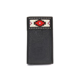 Western Black Bifold Wallet Checkbook Genuine Leather Fabric Embroidery Studs