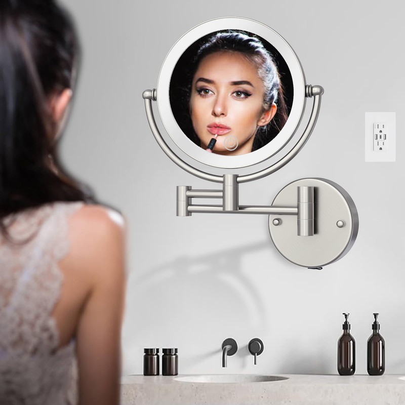 LEDOOLE 8" Rechargeable Lighted Wall Mounted Makeup Mirror with Magnification,