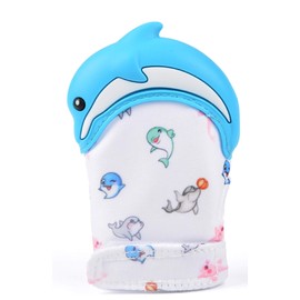 Teething Mittens for Babies, Teether Mitts BPA Free, Baby Teething Glove, Comforting Teething Toy 3 to 12 Month Dolphin (Blue)
