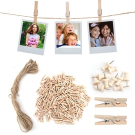 Mini Pegs for Photos Wooden Pegs, 150pcs Photo Clips Pegs for Card Hangers Small Pegs Mini Pegs and 10M Jute String for Picture Hanging Photos Wall Display Craft Weddings Party