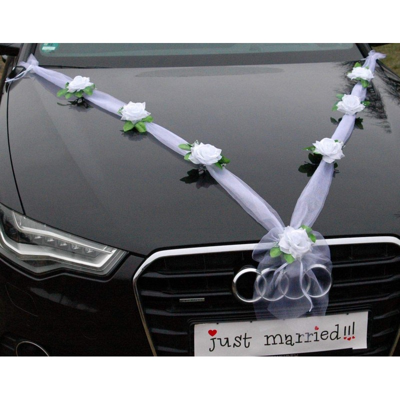 Autoschmuck Organza M garland with roses for bride and groom