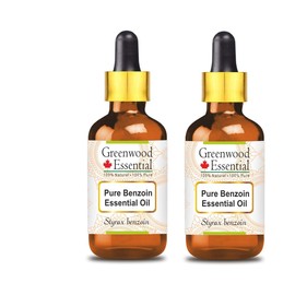 Greenwood Essential Pure Benzoin Essential Oil (Styrax benzoin) with Glass Dropper 100% Natural Therapeutic Grade Steam Distilled for Personal Care (Pack of Two) 100ml X 2 (6.76oz)