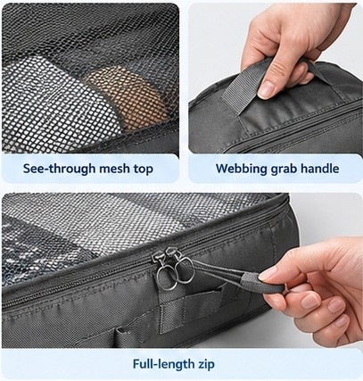 Close-ups of the mesh top panel, the webbing grab handle and the full-length zip