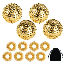 Pack of 4 Hedgehog Ball Massage + 8 Pieces Acupressure Ring Finger, Skills Borderline Set, Magnetic Acupressure Balls, Magnetic Spiked Massage Ball, Hedgehog Balls Massage Rings for Stress Relief Gold