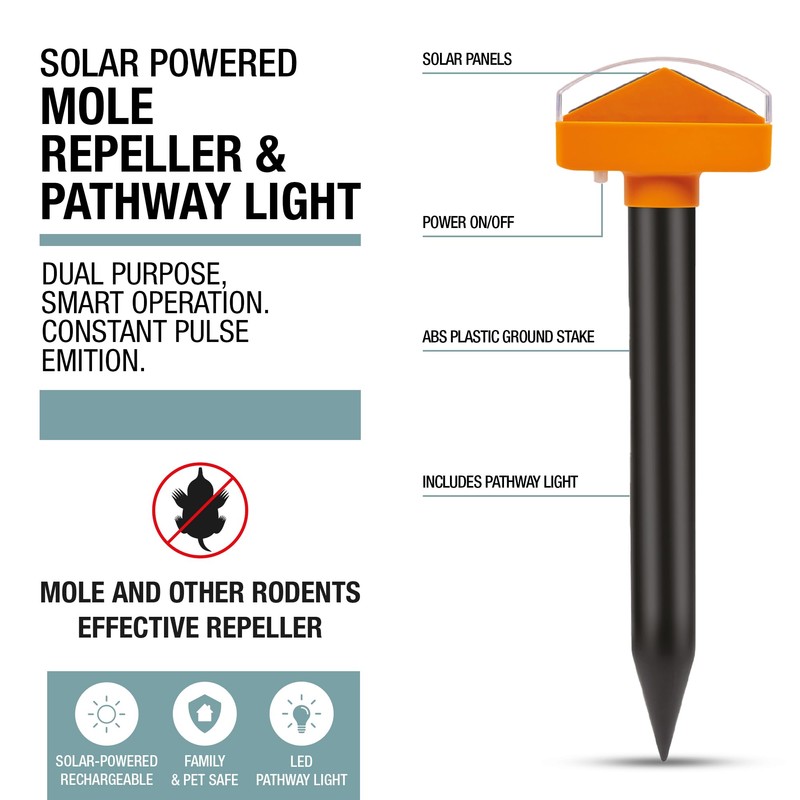 Brookstone Solar-Powered Mole Repeller & Pathway Light – Dual-Purpose Sonic