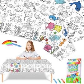 Kids Giant Ocean World Coloring Poster with 18 Paint Pens,47x71inch Colouring Table Cover Drawing Paper Roll Jumbo Coloring Tablecloth for Kid Girls Boys Party Supplies Birthday Crafts Gift Doodle Art