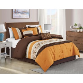 Chezmoi Collection Maple 7-Piece Orange Brown Geometric Embroidery Pleated Striped Comforter Bedding Set, California King Size
