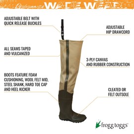 FROGG TOGGS Bull Frogg 3-ply PVC Canvas Bootfoot Hip Wader, Cleated or Felt