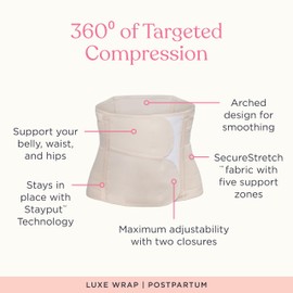 Belly Bandit Luxe Postpartum Belly Wrap - Adjustable Abdominal Binder with Five Levels of Targeted Compression for Recovery - Supports Core and Waist After C-Section or Natural Birth - Nude, Small