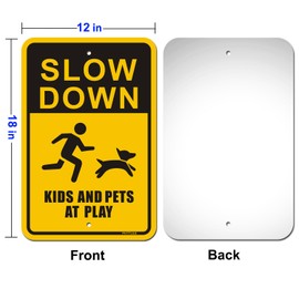 Slow Down Kids and Pets at Play Signs, 18" x 12" Reflective Metal Safety Sign for Neighborhood Driveway or Yard, 40Mil Rust Free Aluminum Weather Resistant Waterproof