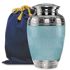 Hugs and Kisses Light Blue Adult Urn for Human Ashes - This Large Elegant Light Blue Enamel and Nickel Urn is a Perfect Tribute to Honor Your Loved One- w Velvet Bag