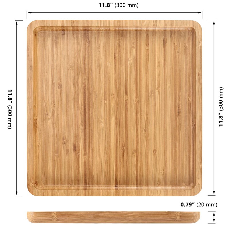 MUKLEI 4 Pack 11.8 Inches Square Bamboo Tray, Natural Bamboo